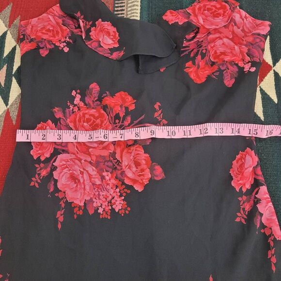 Y2K Express Midi Slip Dress Sz 7/8 Black Red Floral Ruffle High Low Dark Romanti - Picture 7 of 10